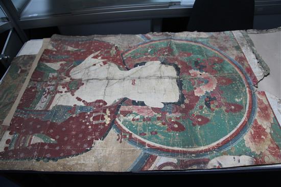 Three Chinese fragmentary temple paintings of immortals, 17th/18th century, the largest 157.5cm x 64cm